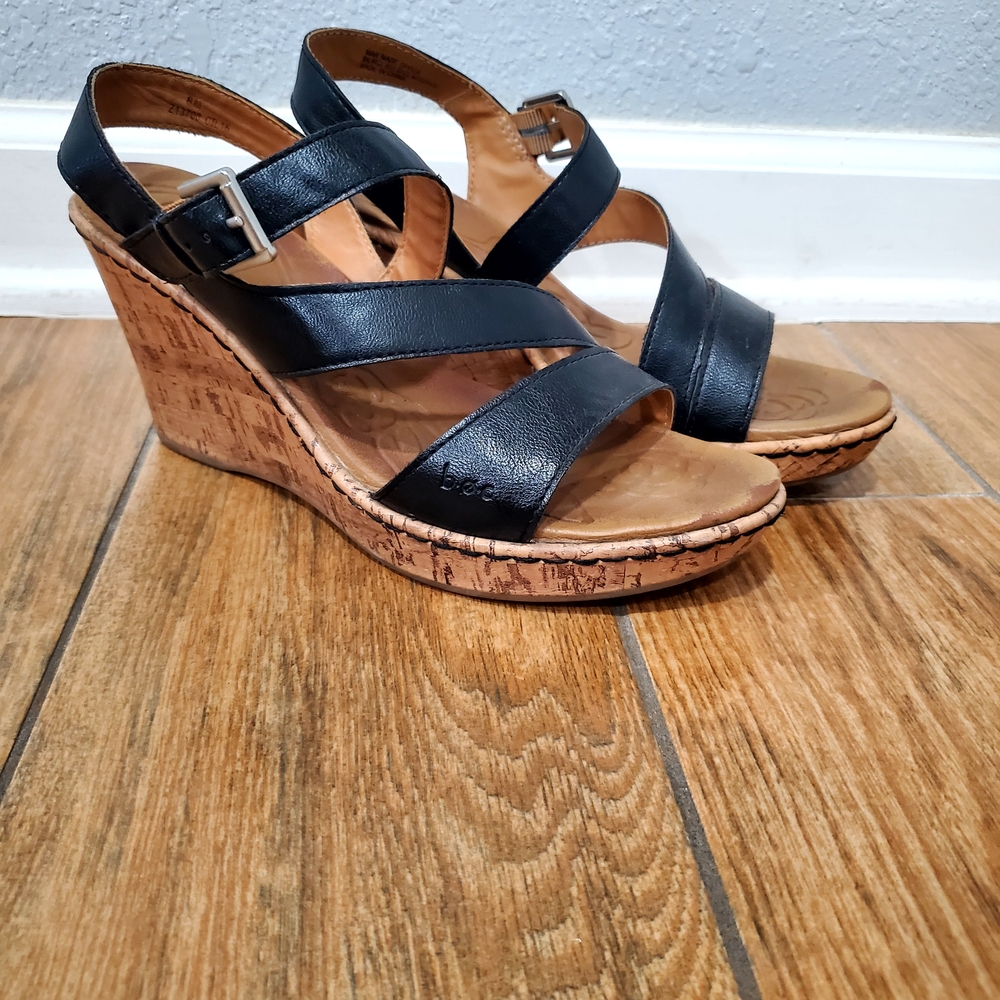 Boc Black Leather Wedge Sandals